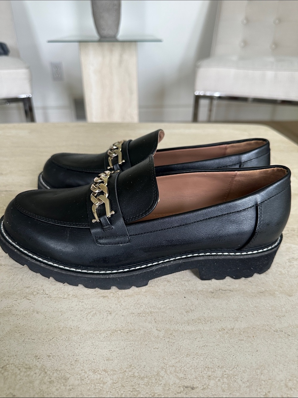 BCBGeneration Black Leather Loafers with Gold Chain Accent - Picture 2 of 7